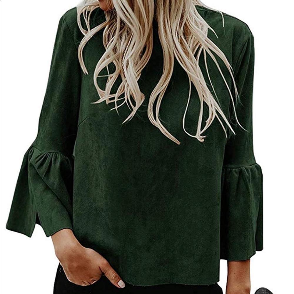 Dark Green Suede 3/4 Bell Sleeve Top